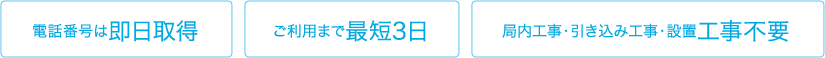 電話番号は即日取得 ご利用まで最短3日 局内工事・引き込み工事・設置工事不要
